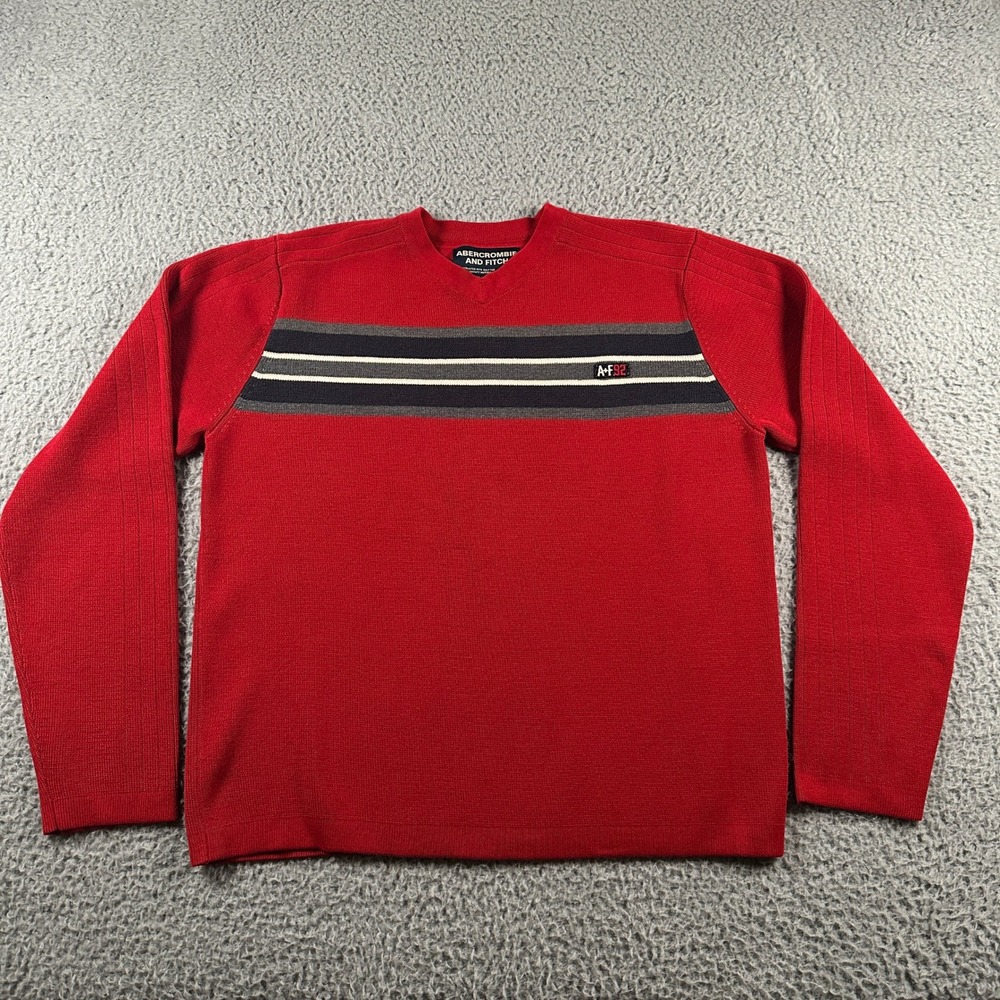 Abercrombie & Fitch Mens Sweater Large Red Striped V Neck A+F 92